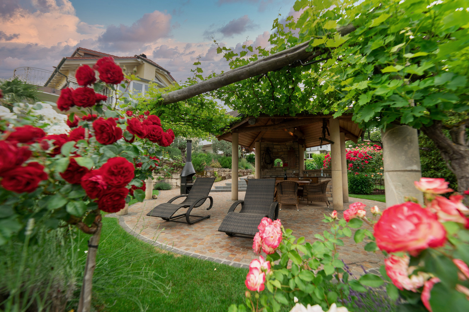 Pergola mit Weinreben und Rosen