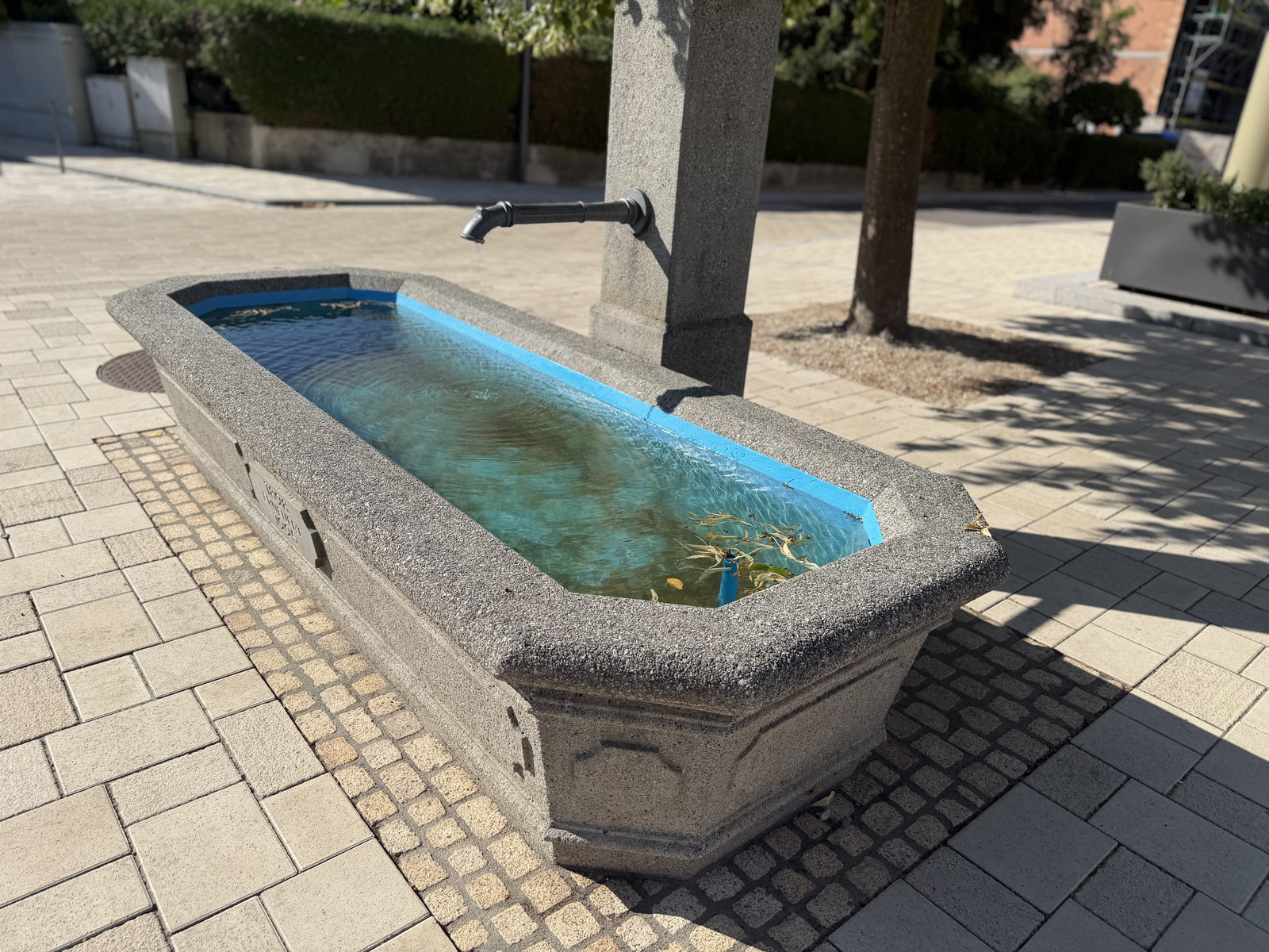 Brunnentrog aus Granit auf dem gepflasterten Dorfplatz