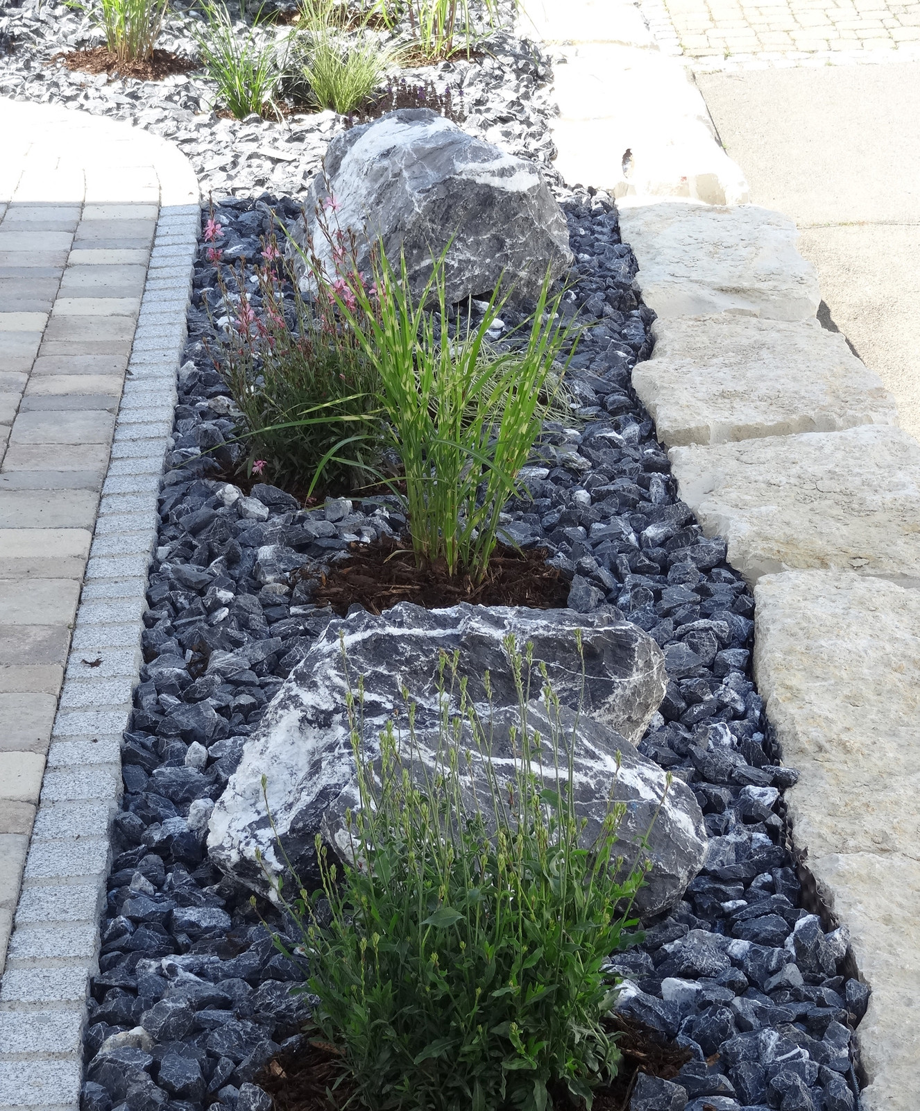Schmales Kiesbeet mit Findlingen am Gehweg
